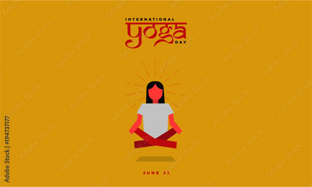 International Yoga Day Concept. Vector illustration of a girl in yoga pose. Yoga written in Hindi.