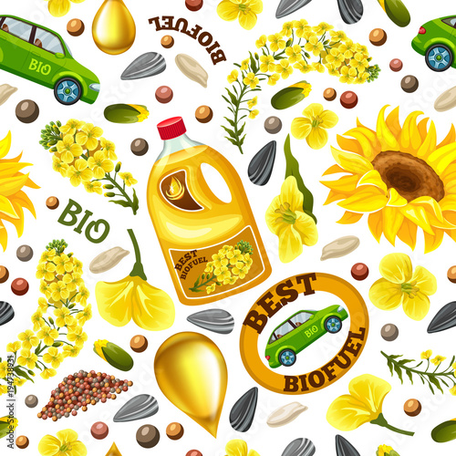 Rapeseeds and rape flowers, canola oil. Brassica napus. Biofuel from rape save planet. Seamless vector background.