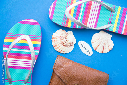 Vacation concept. Seashells and beach slippers on blue background, copy space photo