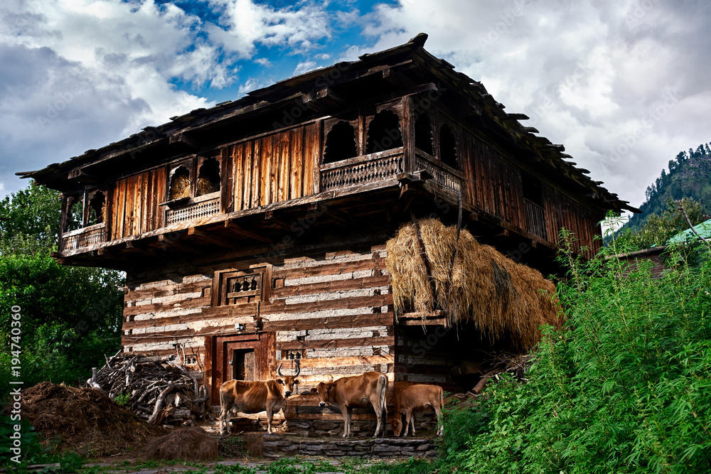 Traditional countryside wooden house in Naggar. Kullu Valley, Himachal
