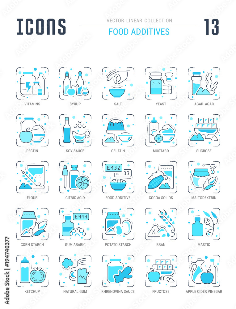 Fototapeta premium Set Blue Line Icons of Food Additives.