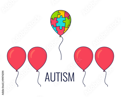 World Autism Day awareness poster with a colorful balloon made of puzzle pieces flying away from the row of red balloons. Standing out of the crowd. Vector illustration.