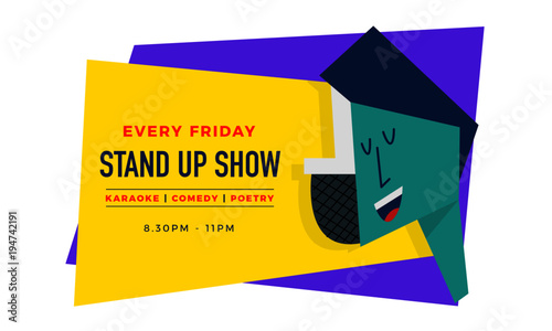Stand Up Show template for karaoke / poetry / stand-up comedy. Man and Mic. Vector Illustration.