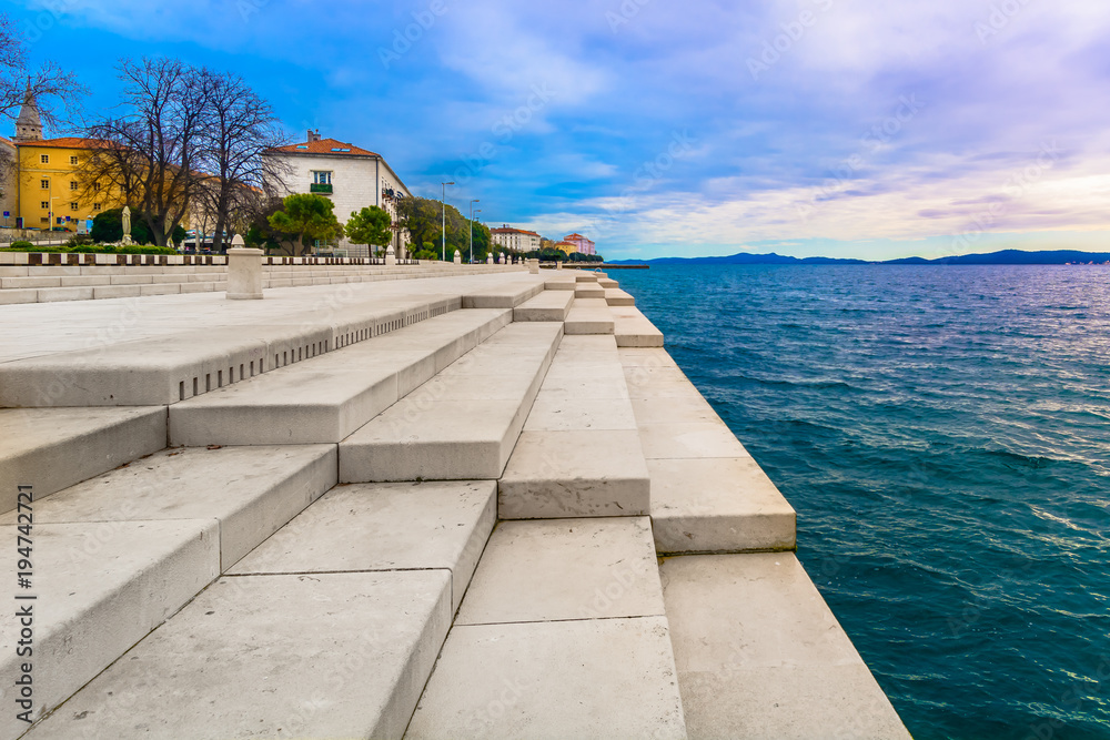 Naklejka premium Zadar coastline Sea Organ. / Scenic view at coastal town Zadar and famous landmark on city promenade, Sea Organ, Croatia Europe.