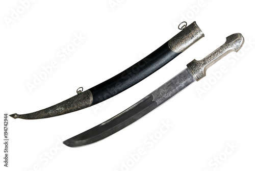 vintage traditional caucasian curved dagger with scabbard on white background