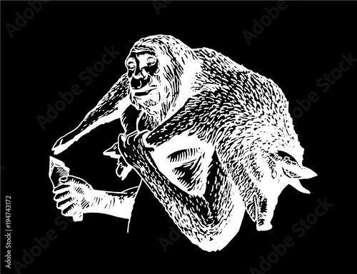 Graphical sketch of neanderthal with wild hog and tool,vector caveman hunting