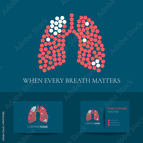Business card template with lungs made of red and white pills on blue background. Vector logo graphic design for pulmonary clinics and medical centers.
