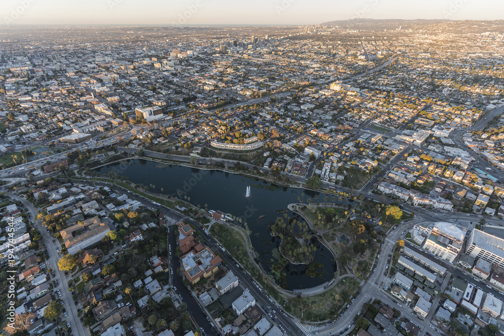 Morning aerial view of Echo Park neighborhood and lake near downtown Los  Angeles California. Stock Photo | Adobe Stock
