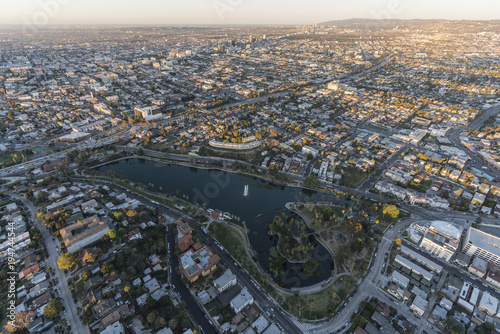 Morning aerial view of Echo Park neighborhood and lake near downtown Los Angeles California.