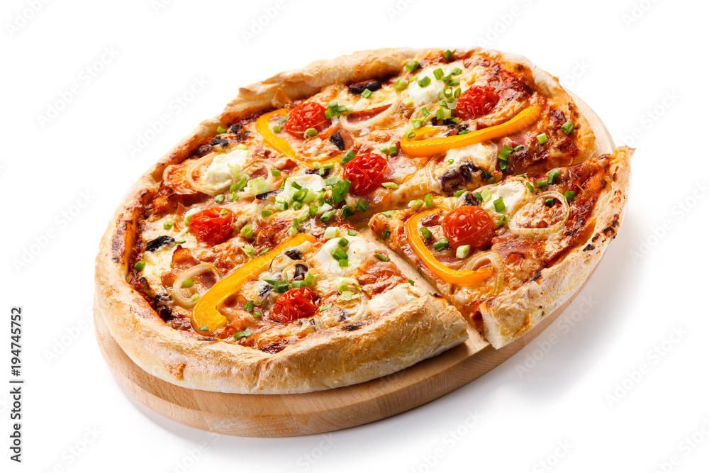 Pizza with ham and vegetables on white background 