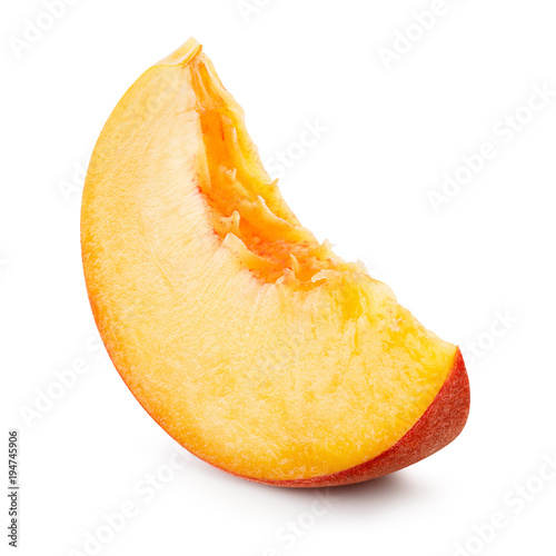 Peach. Fresh raw slice isolated on white background. Macro. With clipping path.