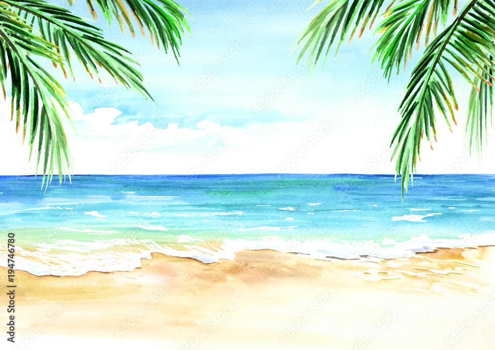 Fototapeta premium Pejzaż morski. Lato tropikalna plaża z złotymi piasek palmowymi gałąź. Ręcznie rysowane pozioma akwarela ilustracja