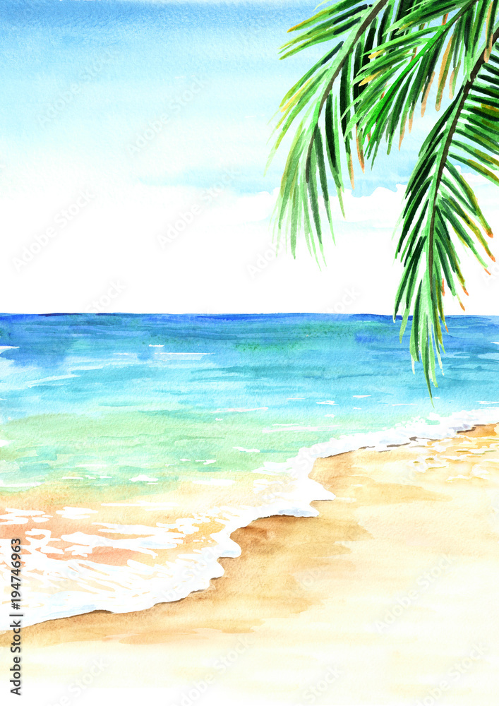 Summer tropical beach with golden sand, waves and palm leaves. Hand drawn watercolor illustration