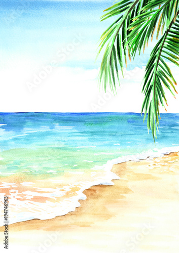 Summer tropical beach with golden sand  waves and palm leaves. Hand drawn watercolor illustration
