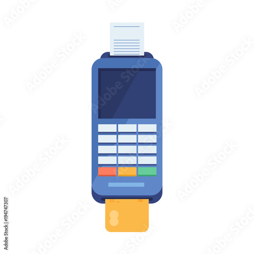 POS terminal with inserted credit card and check. Payment terminal for clearing settlement. Vector illustration.