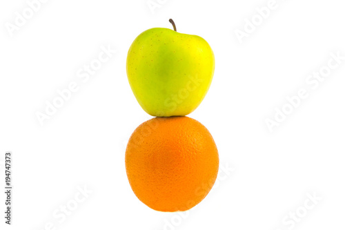 green apple and orange isolated on white background