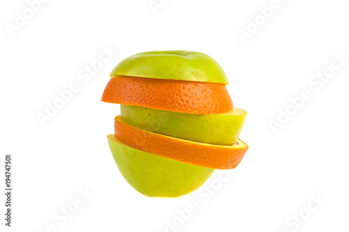 green apple, orange slice cut isolated on a white background