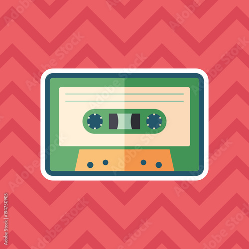 Audio cassette sticker flat icon with color background.