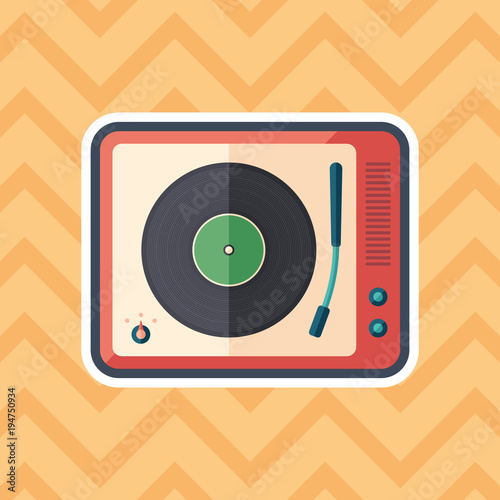 Vintage turntable sticker flat icon with color background.
