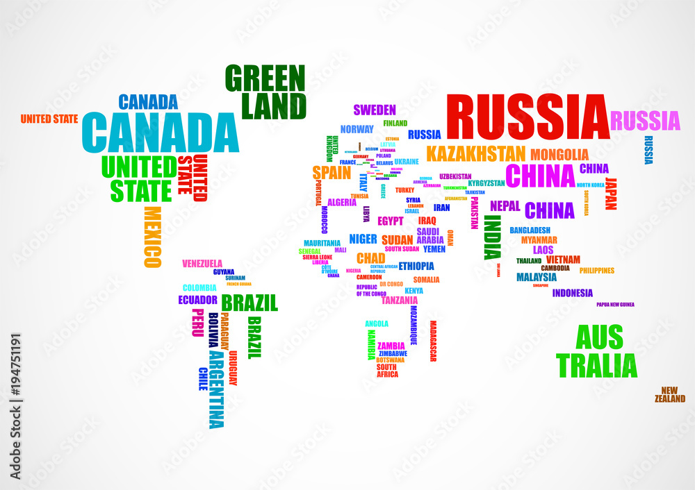 Typography Colorful World Map With Country Names. Vector Stock Vector 