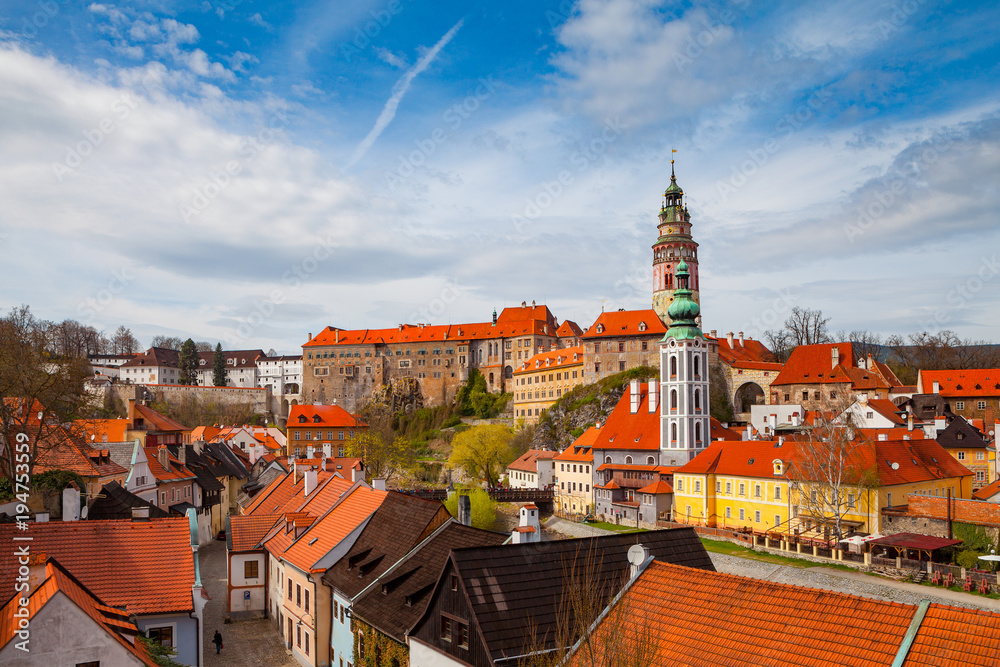 Aerial view of castle and old houses in Cesky Krumlov, Czech republic