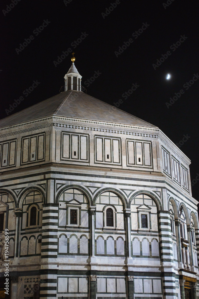 Night detailed street view of the Cathedral of Santa Maria del Fiore, Florence or Firenze, Tuscany, Italy
