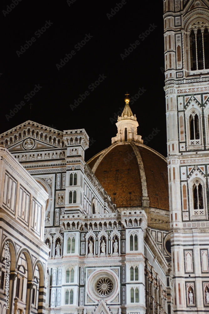 Night detailed street view of the Cathedral of Santa Maria del Fiore, Florence or Firenze, Tuscany, Italy