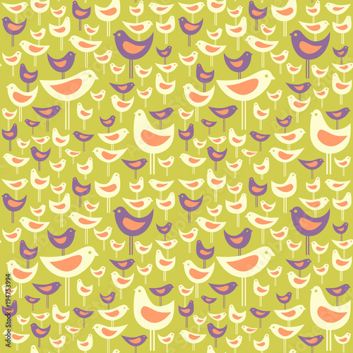 Photography Spring theme seamless pattern of cute minimalist birds on green