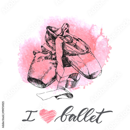 Illustration, hand drawn  pair of well-worn ballet pointes shoes