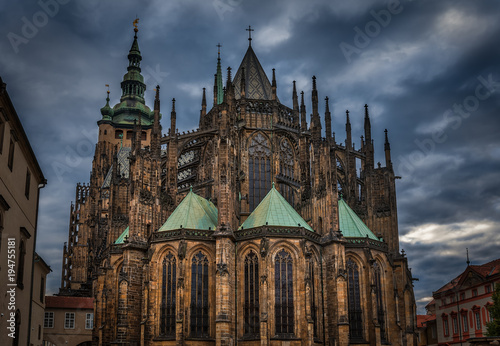 Rear view of the gothic Saint Vitus Cathedral in Prague during a cloudy dusk