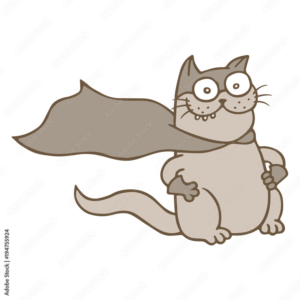 Cartoon cat superhero in mask and raincoat. Vector illustration.