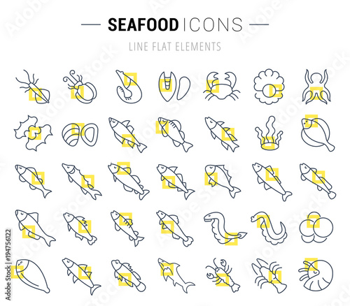 Set Vector Line Icons of Seafood