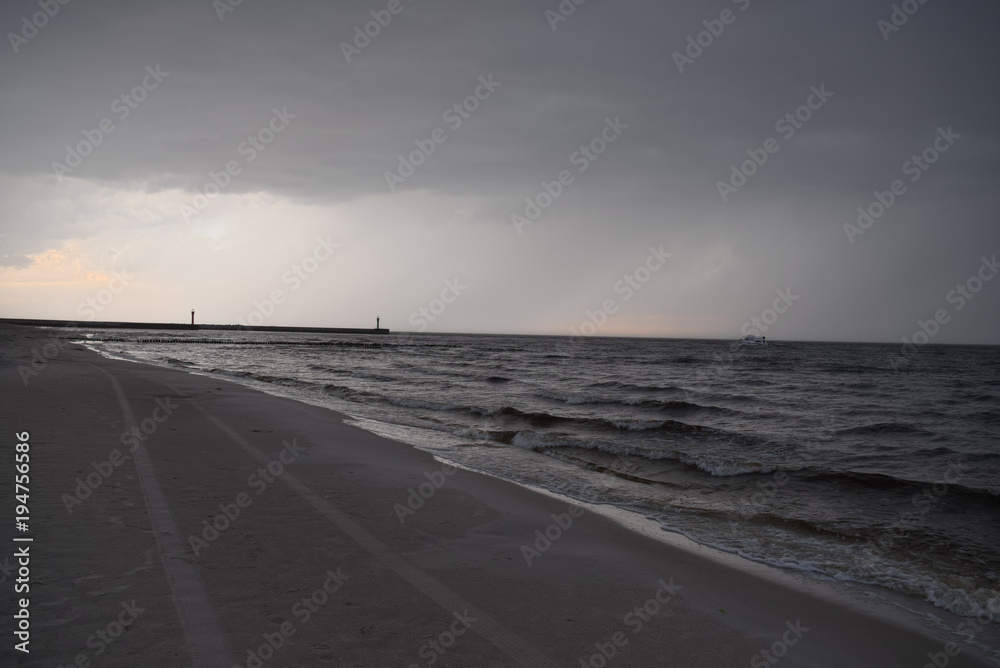Storm on Baltic Sea. Dramatic dark sky and rough sea 