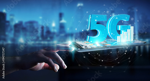 Businessman using 5G network with mobile phone 3D rendering photo