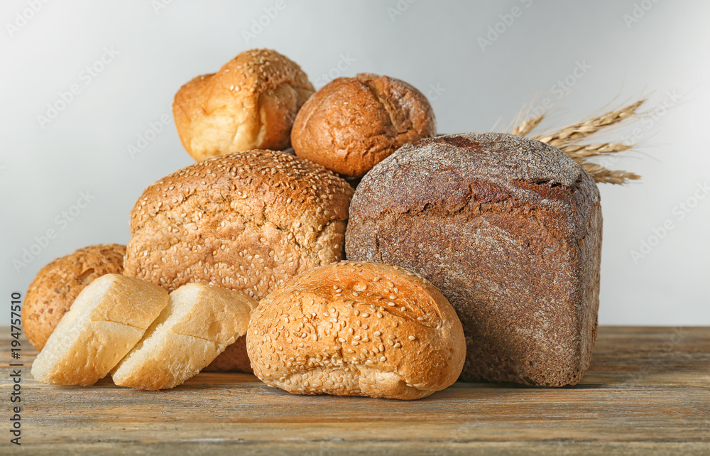 Freshly baked bread products on table