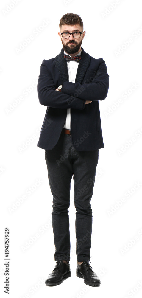 Portrait of handsome hipster in stylish outfit on white background Portrait of handsome hipster in stylish outfit on white background