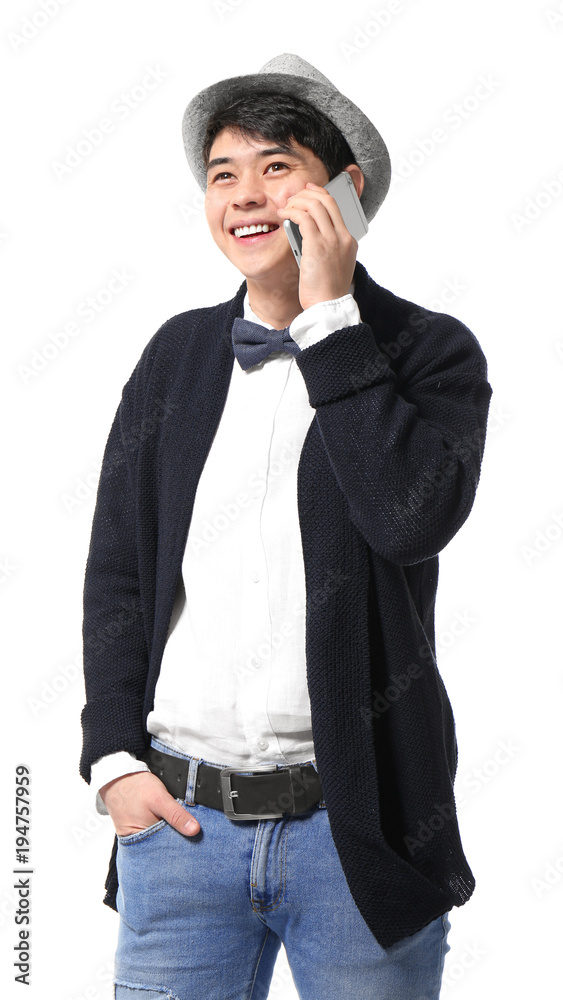 Portrait of handsome hipster with smartphone on white background Portrait of handsome hipster with smartphone on white background