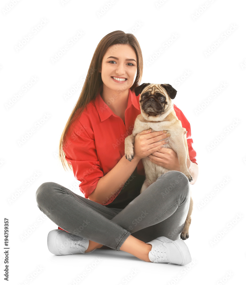 Woman with cute dog on white background. Friendship between pet and owner Woman with cute dog on white background. Friendship between pet and owner