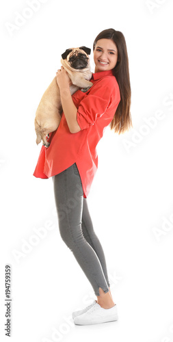 Woman with cute dog on whit...
