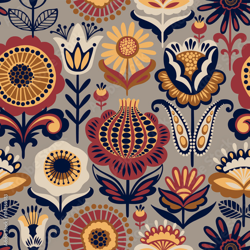 Fototapeta Naklejka Na Ścianę i Meble -  Folk floral seamless pattern. Modern abstract design.