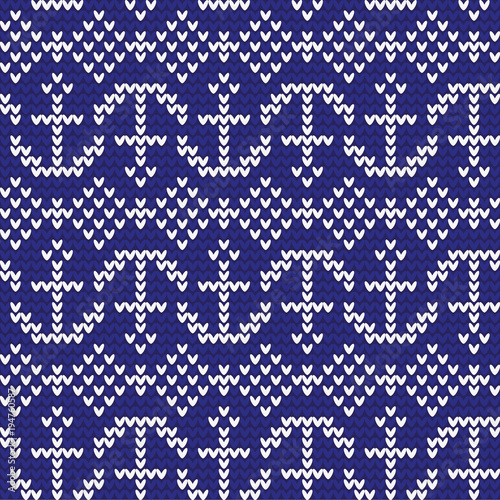 Knitted pattern of white anchors on a blue background. The concept of love for a marine object. Handmade ornament. Seamless pattern. Vector illustration.