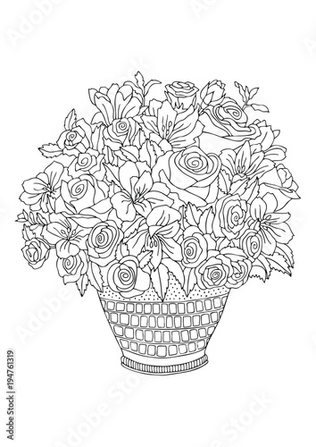 Bouquet in vase. Hand drawn picture. Sketch for anti-stress adult coloring book in zen-tangle style. Vector illustration for coloring page. 