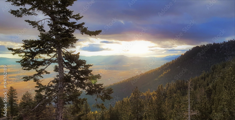 Sun rays beaming down from the sky onto a valley below a mountain forest.