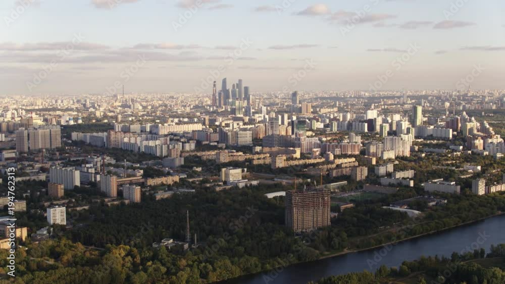 Aerial view Sunrise and Moscow district Strogino 4k Aerial view Sunrise and Moscow district Strogino 4k