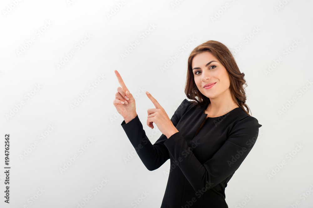 Business woman presenting a copyspace. Isolated on white background. Business woman presenting a copyspace. Isolated on white background.