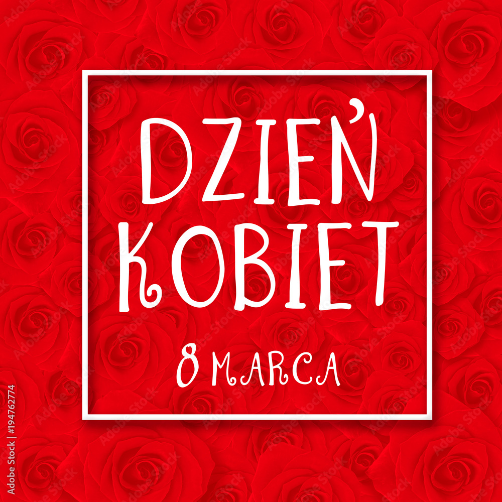     Women's day card with Polish words DZIEŃ KOBIET. Tulip flower small hearts on white wooden background. 

