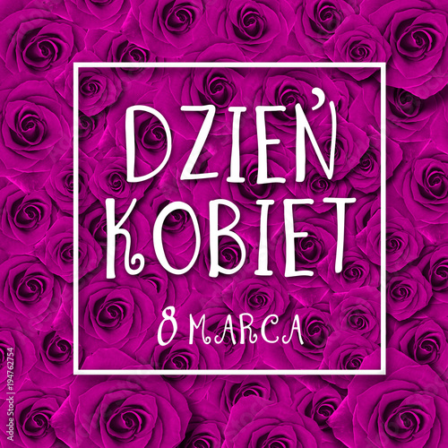  Women's day card with Polish words DZIEŃ KOBIET. Tulip flower small hearts on white wooden background.