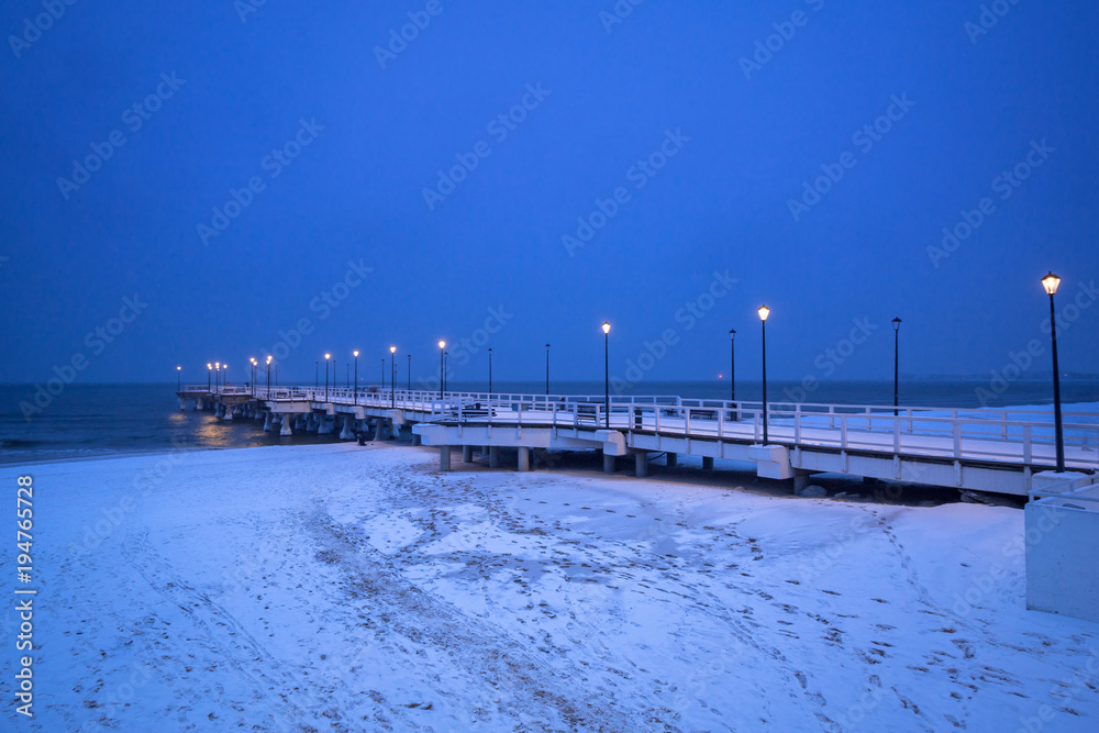 Baltic Sea pier in Gdansk at dusk, Poland