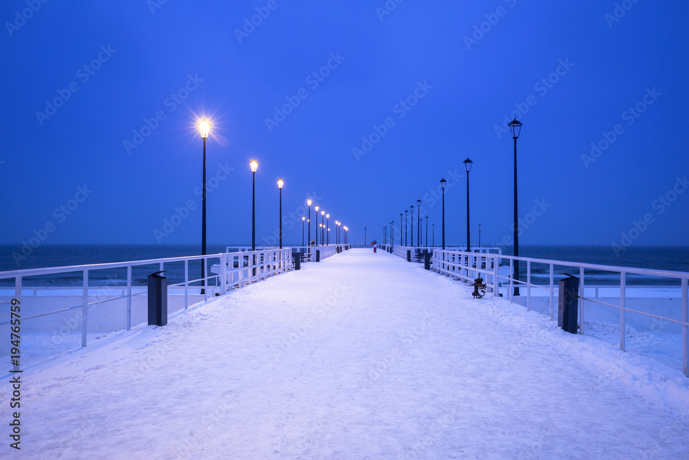Baltic Sea pier in Gdansk at dusk, Poland