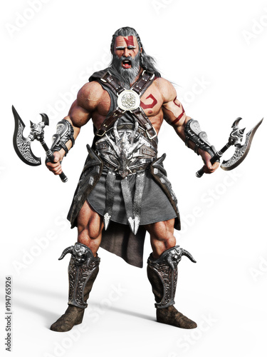 Fierce armored barbarian warrior ready for battle on an isolated white background. 3d rendering illustration